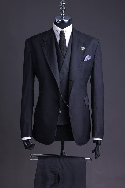 James Slim Black Notched Lapel Three Pieces Business Suits