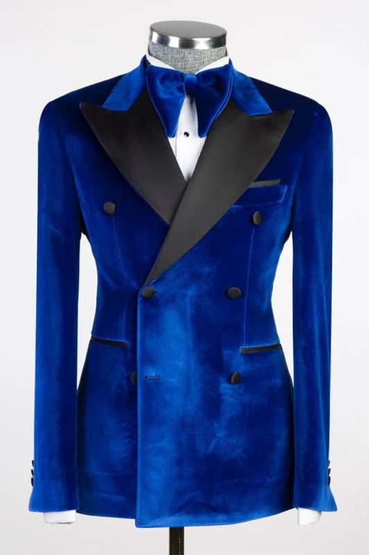 Rory Blue Peaked Lapel Double Breasted Velvet Prom Two Piece Suits
