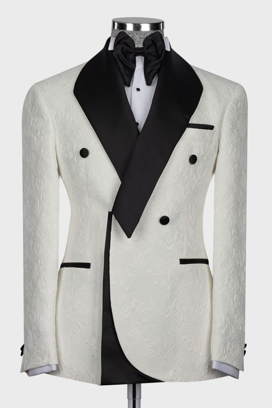 Elegant Stylish White Jacquard Slim Two Piece Tuxedo With Shawl Collar