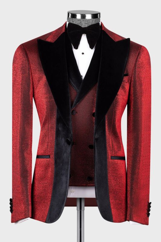 Red Jacquard Wedding Suit with Black Velvet Groom Three Piece Suit