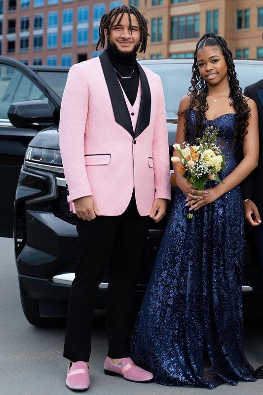 Jeff Fashion Pink Jacquard Three-Piece Prom Suit With Black Shawl Lapel | Men's Formal Tuxedo