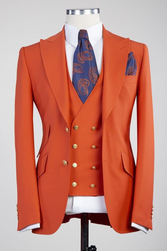 Fashion Orange Peaked Lapel Three Pieces Men Suits