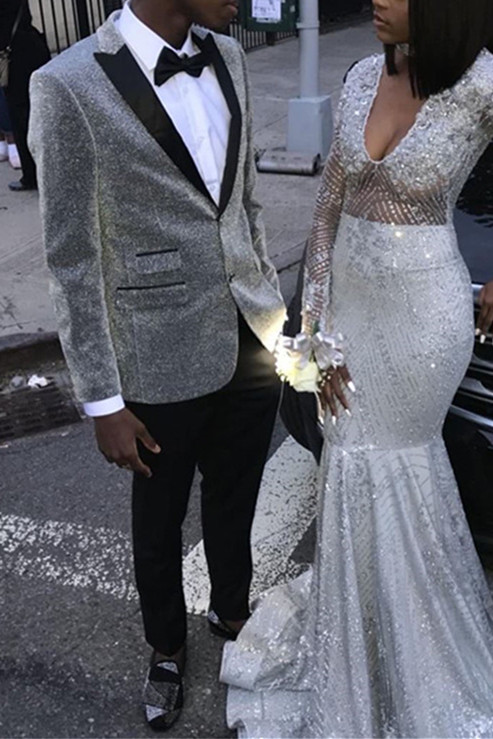 Sequin Silver Sequin Mens Suit |  Pointed Lapel Two-Piece Prom Costume