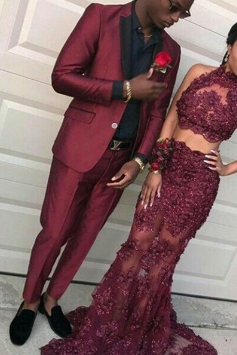 Mens Handsome Burgundy Slim Fit Prom Party Suit