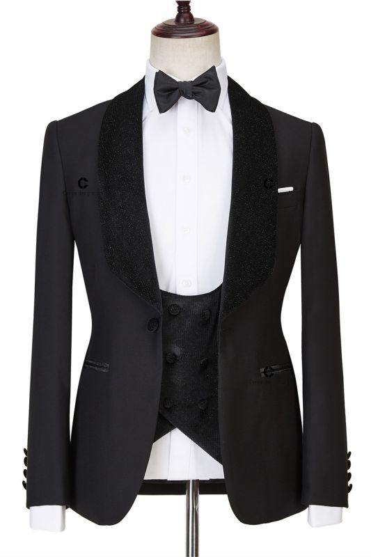 Jose Modern Three Piece Black Shawl Lapel Sparkling Mens Wedding Suit