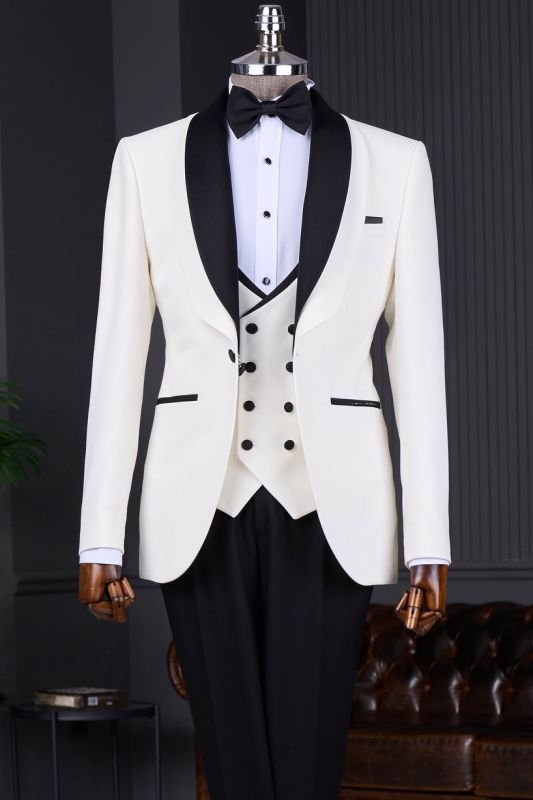 Men White Tuxedo 3 Piece Suit Black Lapel Formal Wedding Dinner Party Suit
