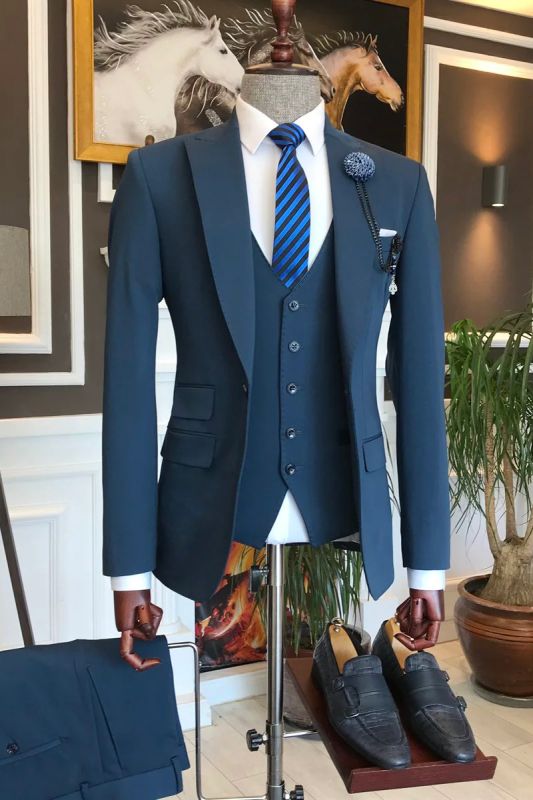 Navy Blue Lapel One Button Upper Lower Double Pocket Men Three Piece Suit | Business Dinner Suit