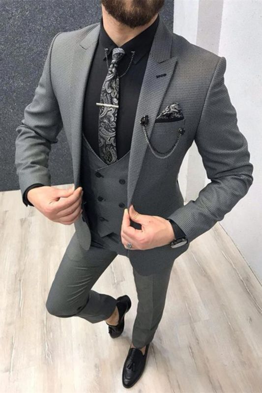 Stylish black plaid pointed lapels tailored slim fit suit