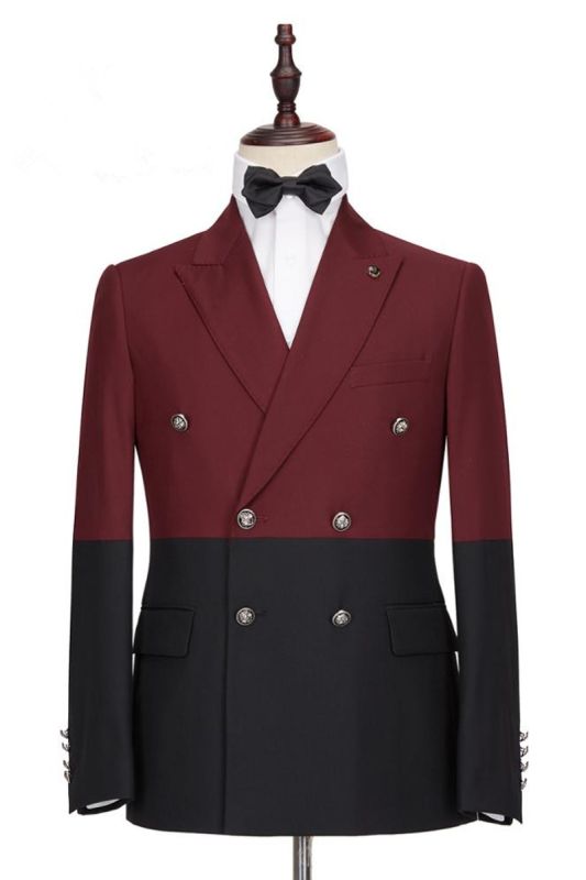 Burgundy and Black Double Breasted Point Lapel Men Prom Jacket