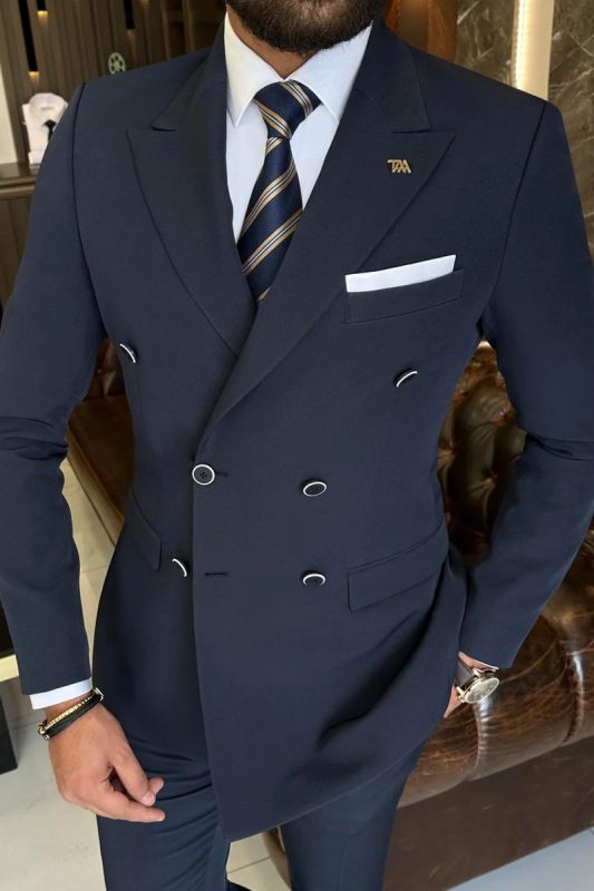 Italian Simple Navy Blue Pointed Collar Double Breasted Two Piece Slim Fit Suits