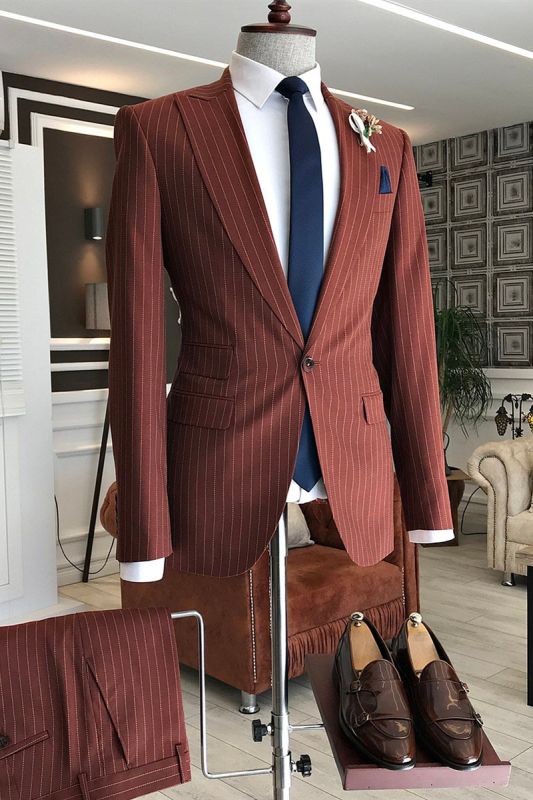Jeff Stylish Slim Fit Striped Point Lapel 3 Flap Business Mens Suit
