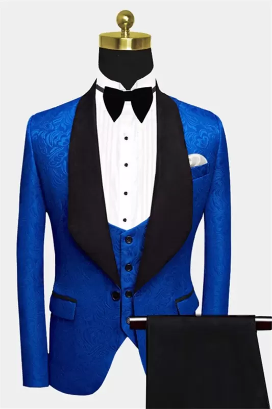 Royal Blue Floral Jacquard Men Suit | Slim Fit Tuxedo Online (Jacket Vest Pants)