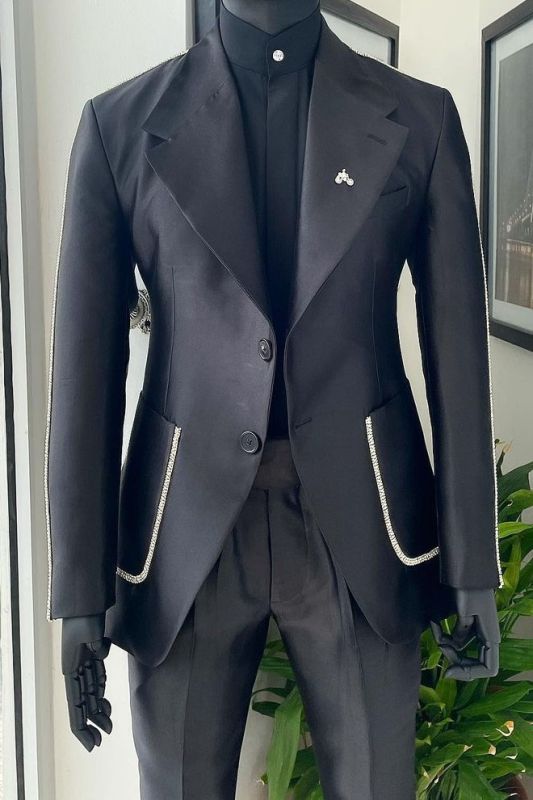 Brady Fashion Black Wide Lapel Patch Pockets Two Piece Men's Suit with White Seam Edges
