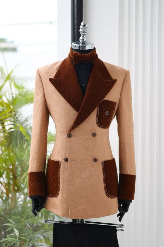 Tan Jacquard Velvet Peak Lapel Double Breasted Blazer Men Custom Formal Dinner Jacket