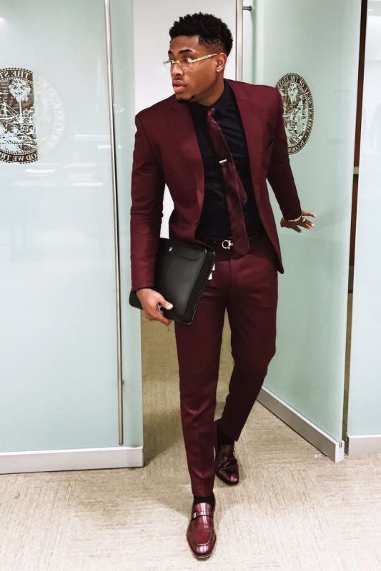 Handsome Burgundy Men Business Suit | Slim Fit One Button Prom Outfit (Blazer Pants)