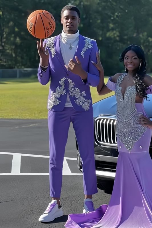 Jan Modern Lavender Notched Lapel Two Piece Prom Suits With Beading