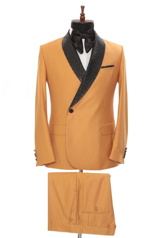 Dazzling Yellow Sequined Shawl Lapel Two Piece Men Suit | Two Pic Suit