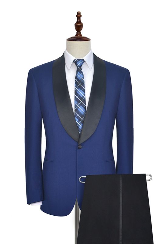 Men One Button Black Silk Shawl Lapel Wedding Suit |  Fashion Blue Men Prom Suit