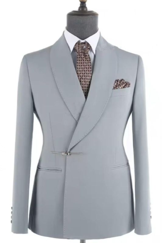 Light Gray Shawl Lapel 3D Embroidered Men Tuxedo Suit with Metal Buckle