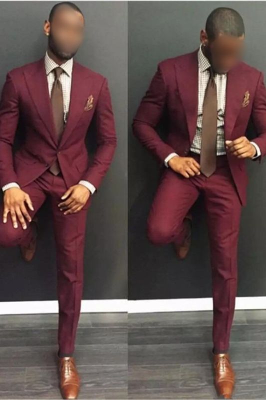 Simple Burgundy Slim Fit Point Lapel Mens Suit with two Piece
