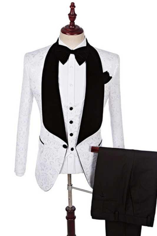 Dillon White Three-Piece Fashion Jacquard Shawl Lapel Wedding Suit Set