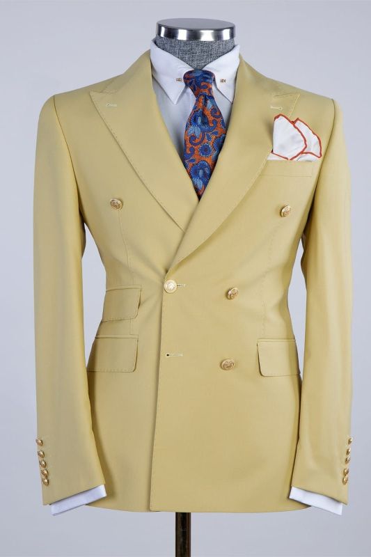 Shiny Yellow Double Breasted Point Collar Men's Ball Suit