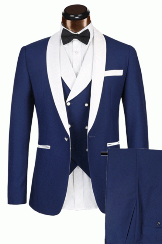 3 Piece Classic White Lapel Edge Banding Formal Blue Mens Suit For Wedding