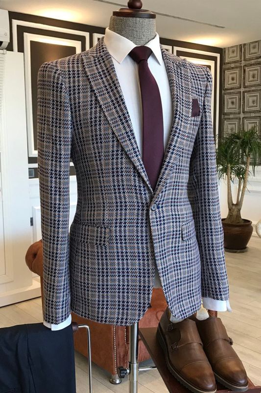 Pete Black Small Plaid Pointed Lapel Custom Sim Fit Mens Suit