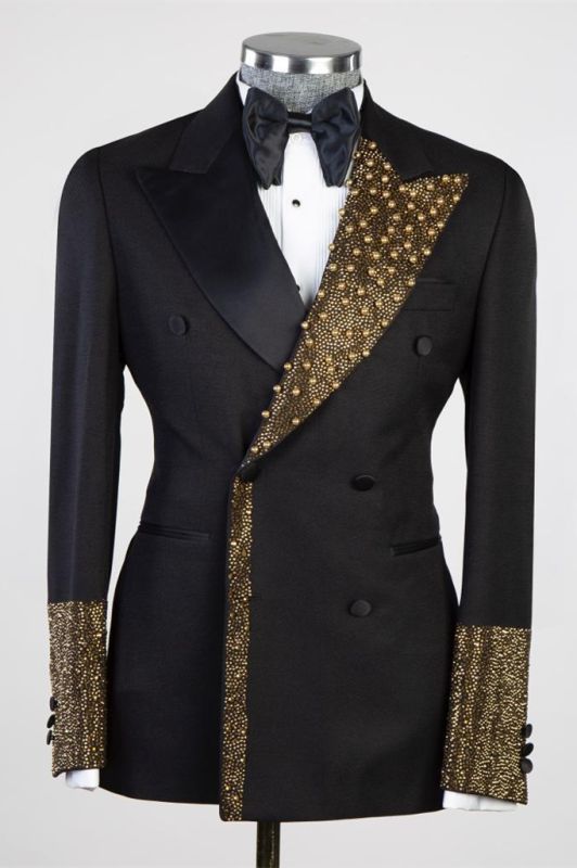 Black Peaked Lapel Double Breasted Two Piece Prom Suits With Gold Beading