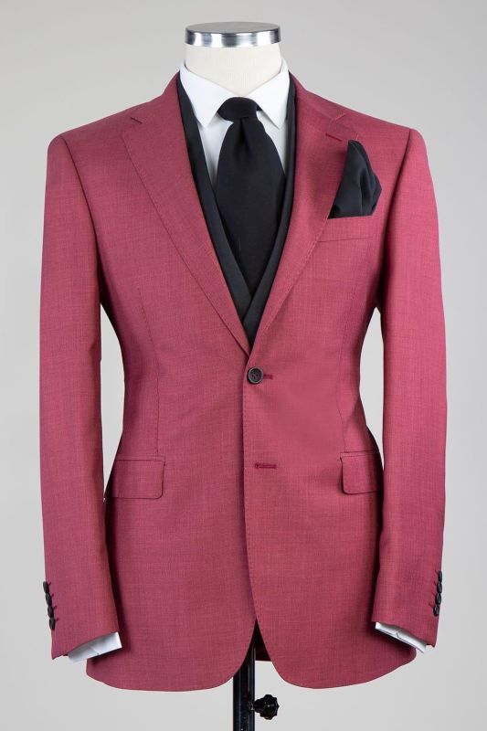 Warm Rose Red Three Piece Custom Wedding Suit With Notched Lapels