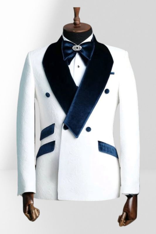 White Jacquard Men Two Piece Groom Suit | With Dark Blue Velvet Collar
