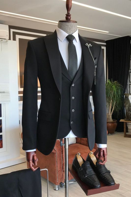 Baldwin All Black 3 Piece Point Lapel Mens Business Suit