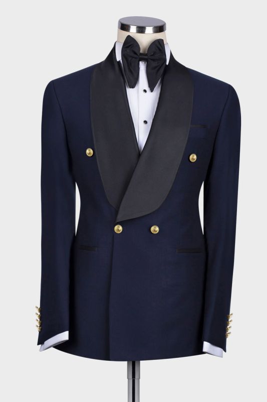 Navy Blue Double Breasted Flap Wool Blend Shawl Collar Men Wedding Suit | Gold Buttons