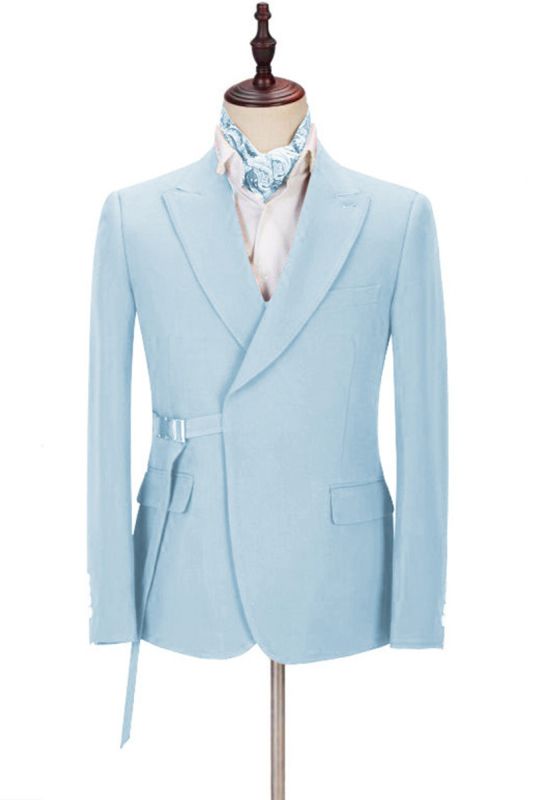 Justin Custom Sky Blue Pointed Lapel Men Suit With Adjustable Buckle