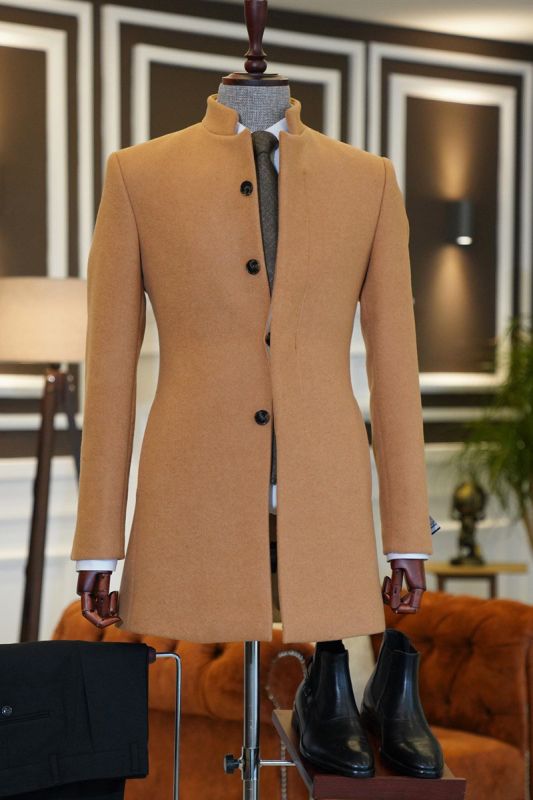 lucien Sleek Brown Stand Collar Slim Fit Business Wool Coat