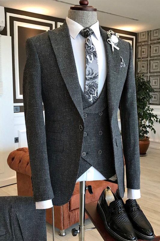 Otis Classic Dark Grey Check Lapel Double Breasted Vest Business Suit