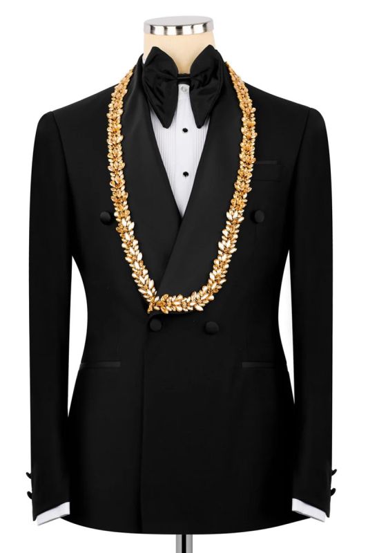 Black Double Breasted Two Piece Tuxedo with Gold Leaf Embroidery | Bradymensuit