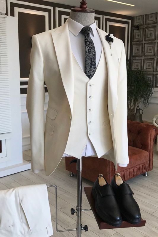 Mark New Arrival All White Pointed Lapel Slim Fit Mens Business Suit