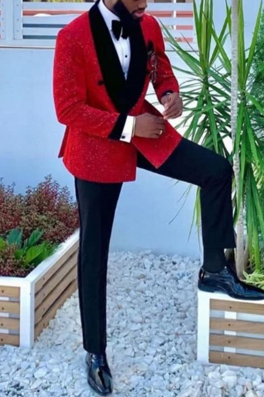 Black Velvet Lapel Banding Edge Sparkle Red Men Suit For Prom