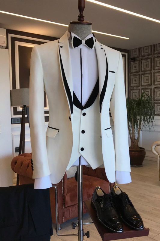 Matt Simple Black White Notched Lapel Slim Fit Prom Mens Suit
