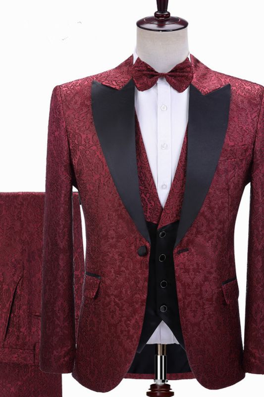 Parker Burgundy Jacquard Peaked Lapel Three-Pieces Wedding Men Suits ...