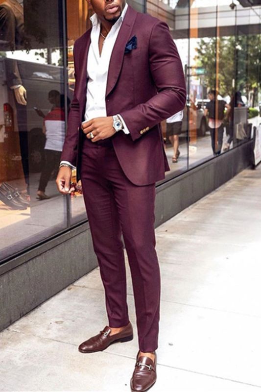 Trendy Burgundy Two Piece Mens Suit |  Shawl Lapel Custom Prom Outfit