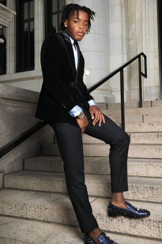 Fancy Slim Black Velvet Satin Shawl Lapel Two Pieces Prom Suits