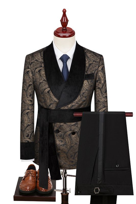 Black Men Nightgown Suit Shawl Collar Velvet Two Piece  Suits | Banquet Prom Suit With Belt