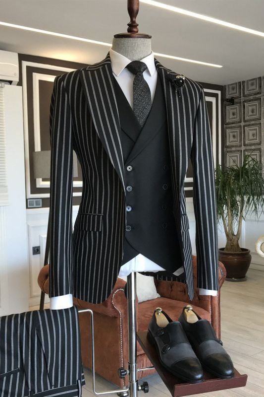 Levi Fashion Black And White Striped Three Piece Point Lapel Men Suit
