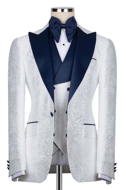 Brady Stylish White Jacquard Three Pieces Prom Suits With Navy Peaked Lapel