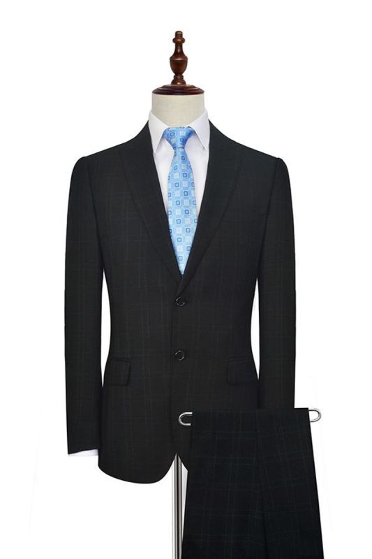 Classic Peak Lapel Check Two Button Black Men Business Suit