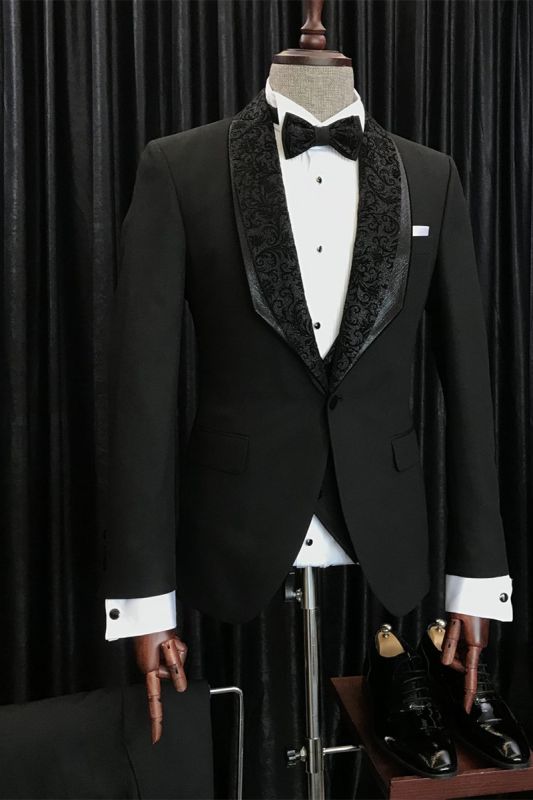 Augustus Fashion Black Slim Fit Men Wedding Suit With Special Jacquard Lapel