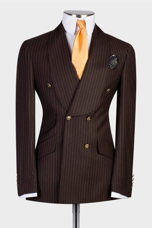 Chocolate Stripe Double Breasted Shawl Lapel Two-Piece Men Suit