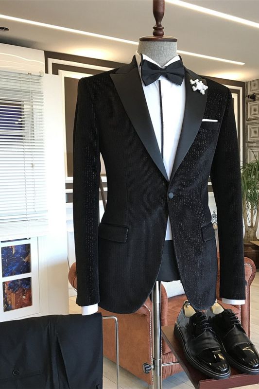 Andrew Fashion Black Glitter Stripe Point Lapel Men Suit
